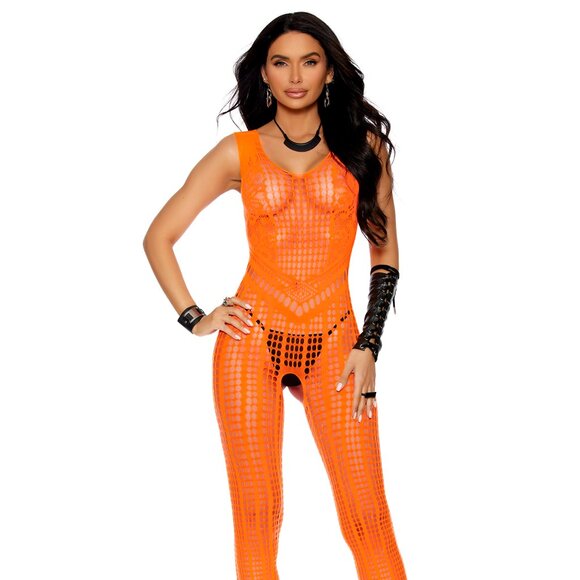 Neon Orange Crotchless Crochet Bodystocking Lingerie - Picture 1 of 5
